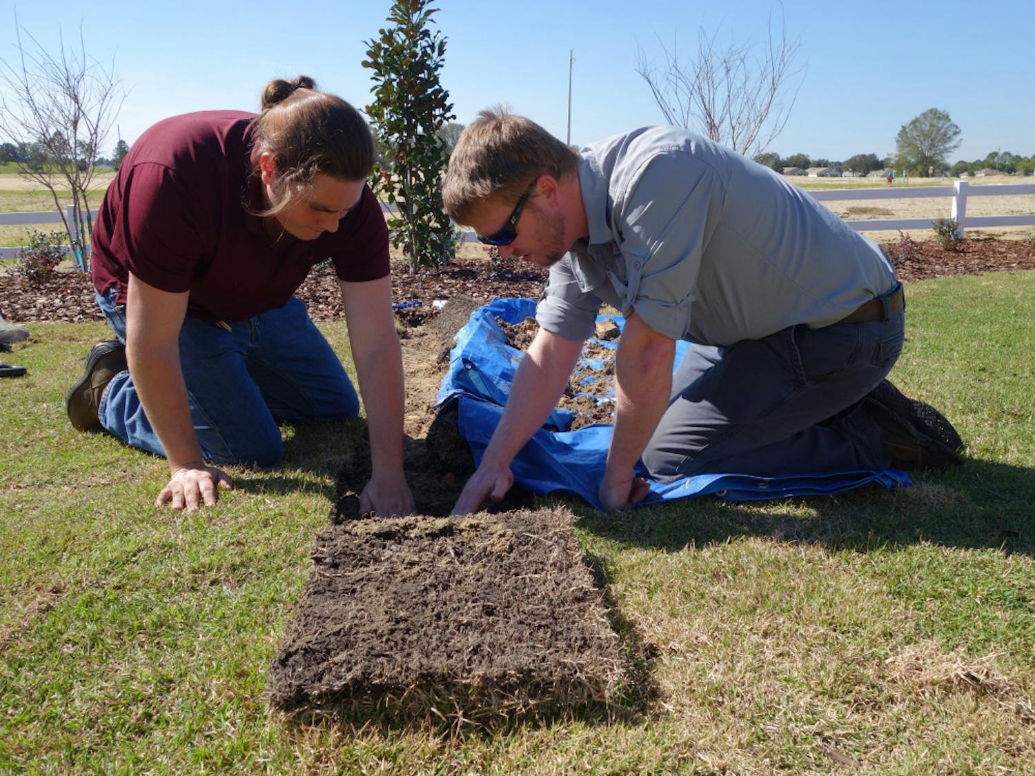 Eban Bean, lead researcher on the team, and Marc Thomas, a student studying agricultural and biological engineering, lay out compost. The team is researching whether compost can reduce the amount of water used for residential lawns.
