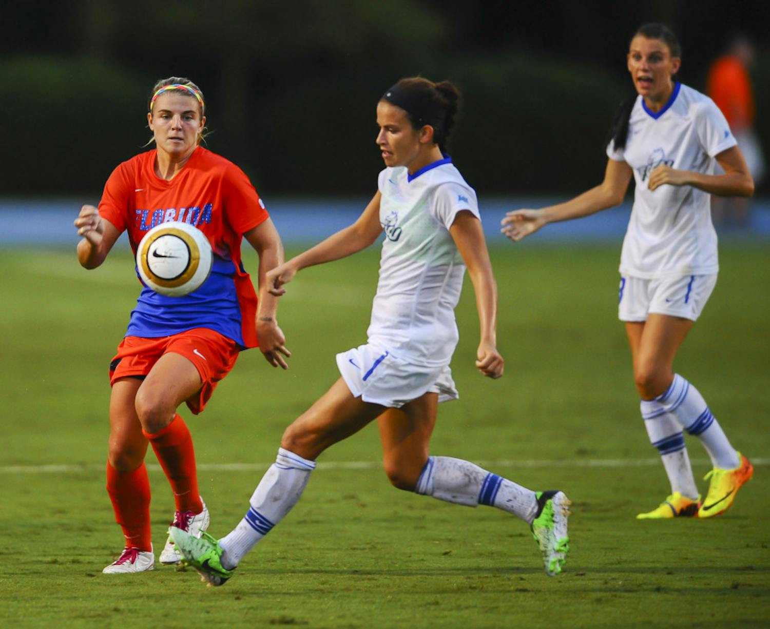 Freshman forward Savannah Jordan fights for possession of the ball during Florida's 3-1 win against Florida Gulf Coast on Aug. 23 night at James G. Pressly Stadium.