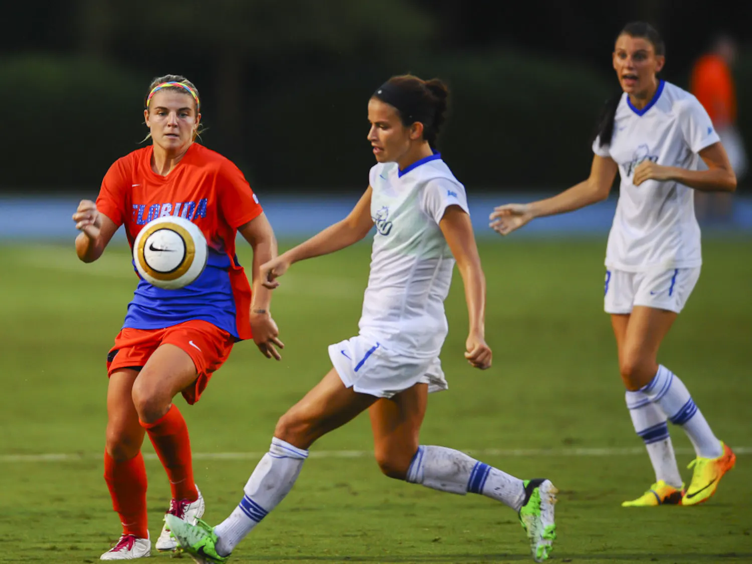 Freshman forward Savannah Jordan fights for possession of the ball during Florida's 3-1 win against Florida Gulf Coast on Aug. 23 night at James G. Pressly Stadium.