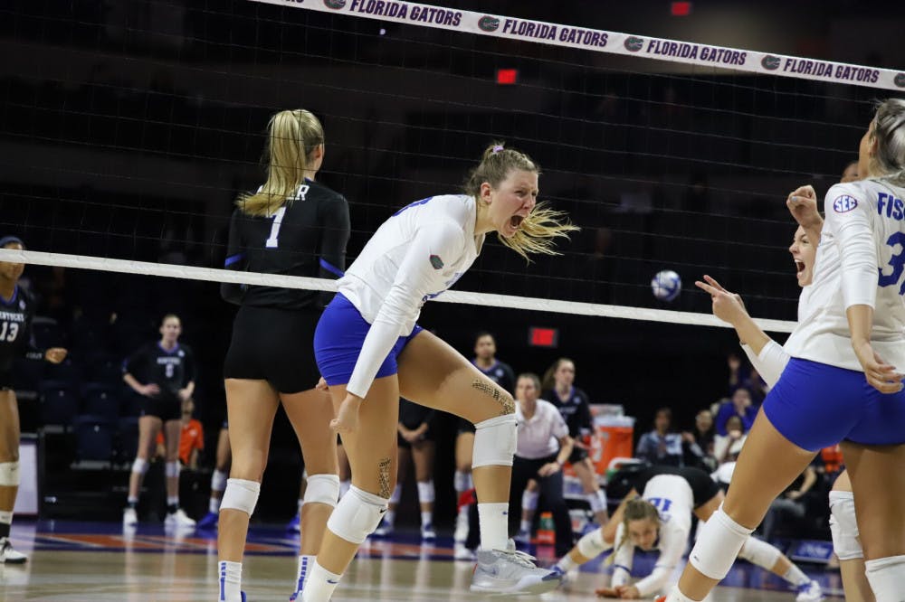 <p>Outside hitter Thayer Hall celebrates in home match against Kentucky last season. This year, Hall was named&nbsp;<span id="docs-internal-guid-186ea90d-7fff-8dd4-261c-1cfd649054bb"><span>to the All-SEC Preseason Team.</span></span></p>