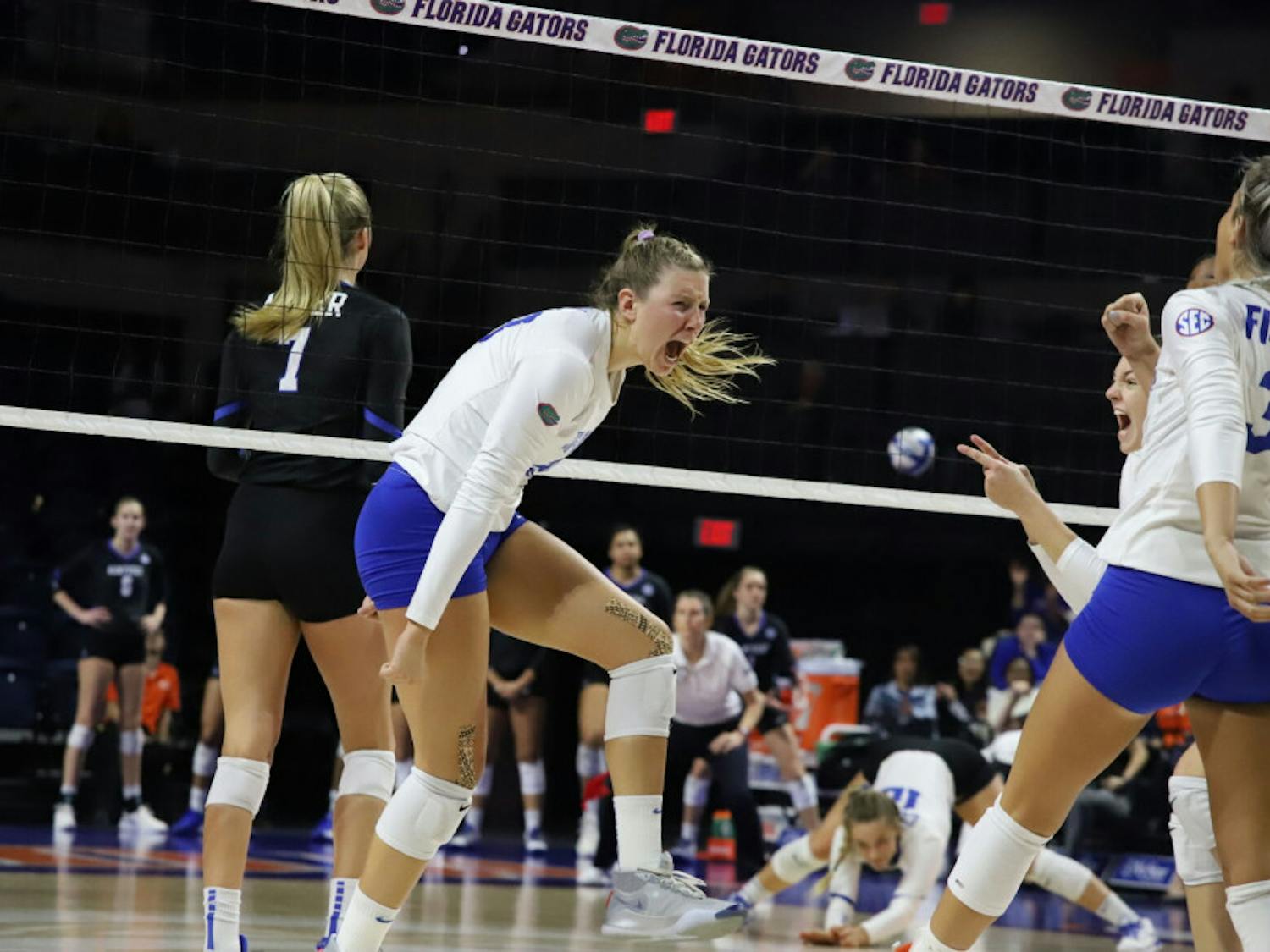 Outside hitter Thayer Hall celebrates in home match against Kentucky last season. This year, Hall was named&nbsp;to the All-SEC Preseason Team.