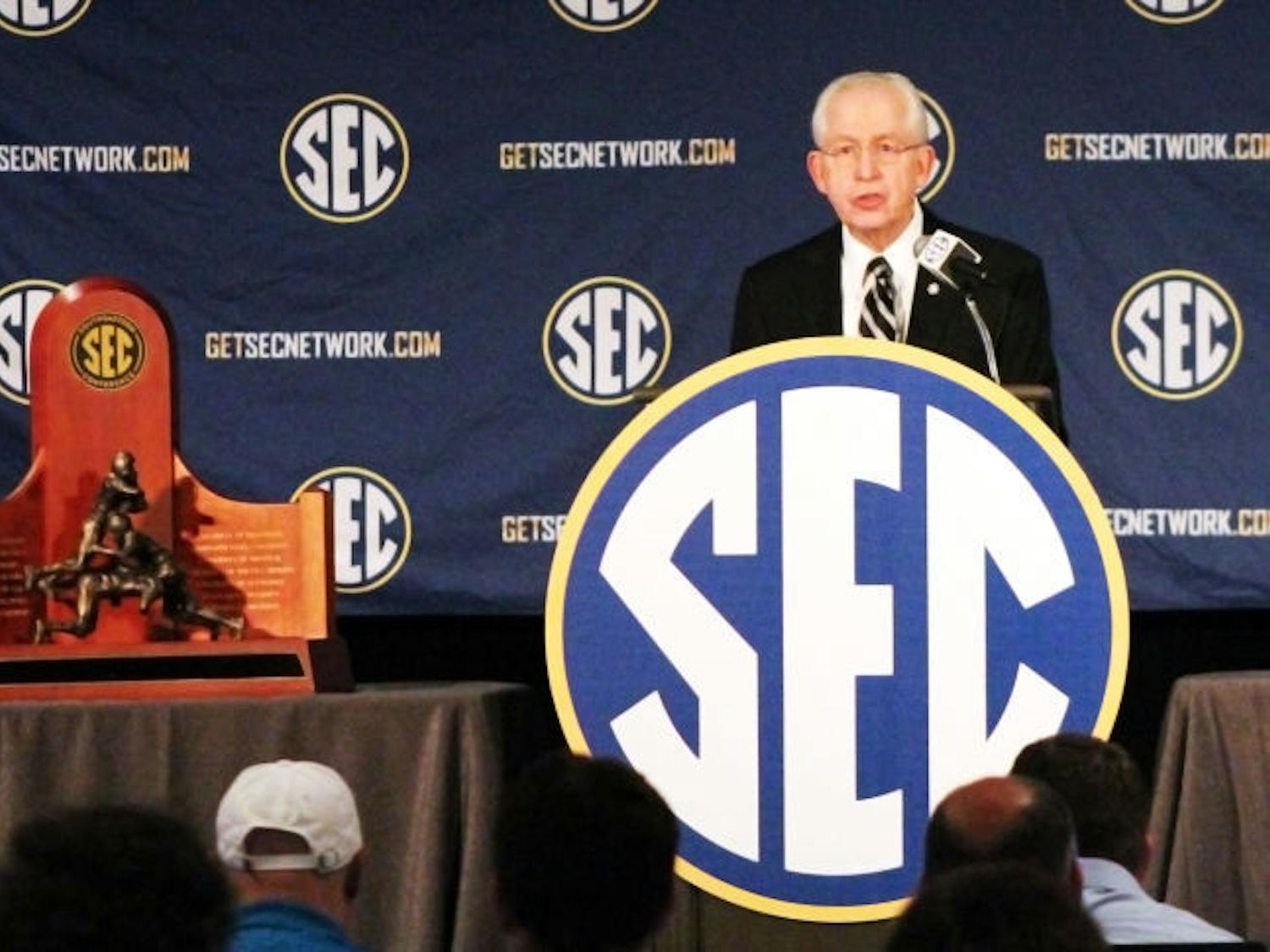 Southeastern Conference comissioner Mike Slive give the opening speech of the SEC Media Days on Monday in Hoover, Ala.