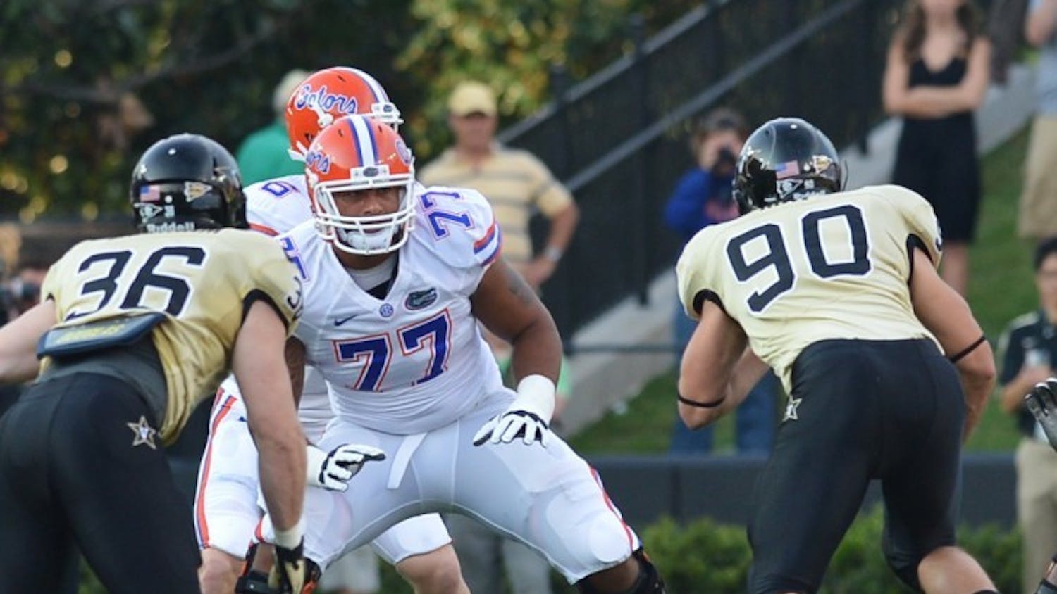 Guard Ian Silberman (77) blocks for quarterback Jeff Driskel against Vanderbilt in 2012. Silberman will transfer from Florida and will play out his final season of eligibility elsewhere next season.&nbsp;