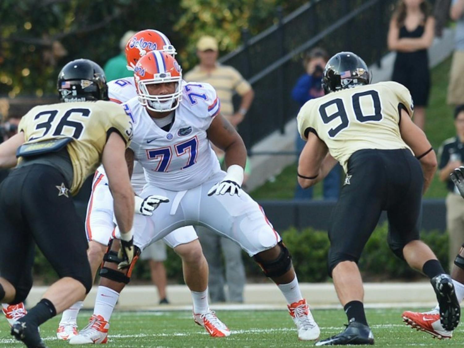 Guard Ian Silberman (77) blocks for quarterback Jeff Driskel against Vanderbilt in 2012. Silberman will transfer from Florida and will play out his final season of eligibility elsewhere next season.&nbsp;
