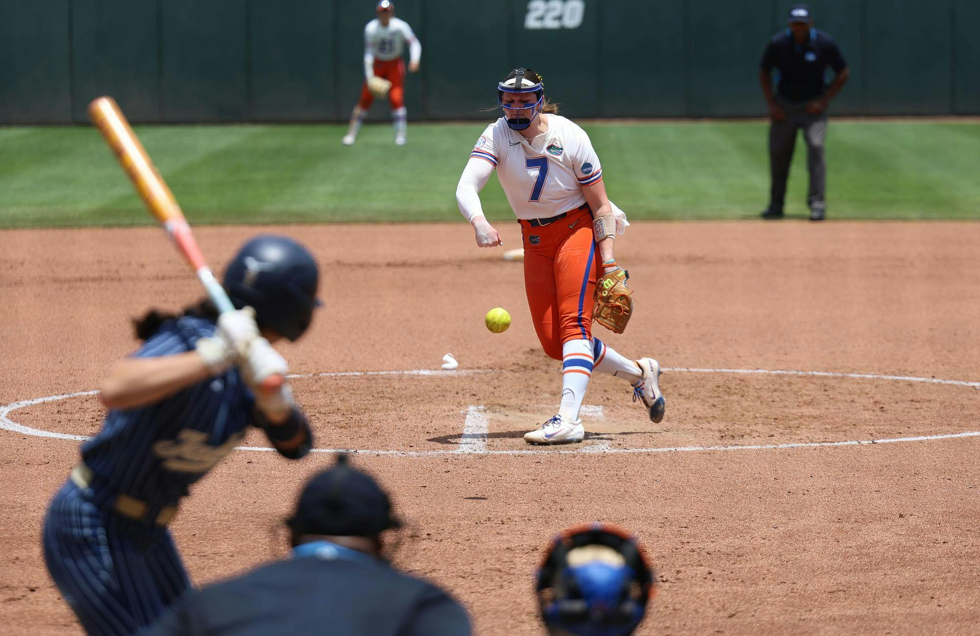 Florida’s starting pitcher Keagan Rothrock (7) pitches during an NCAA Regional softball game against Georgia Tech, Sunday, May 17, 2026, in Gainesville, Fla.