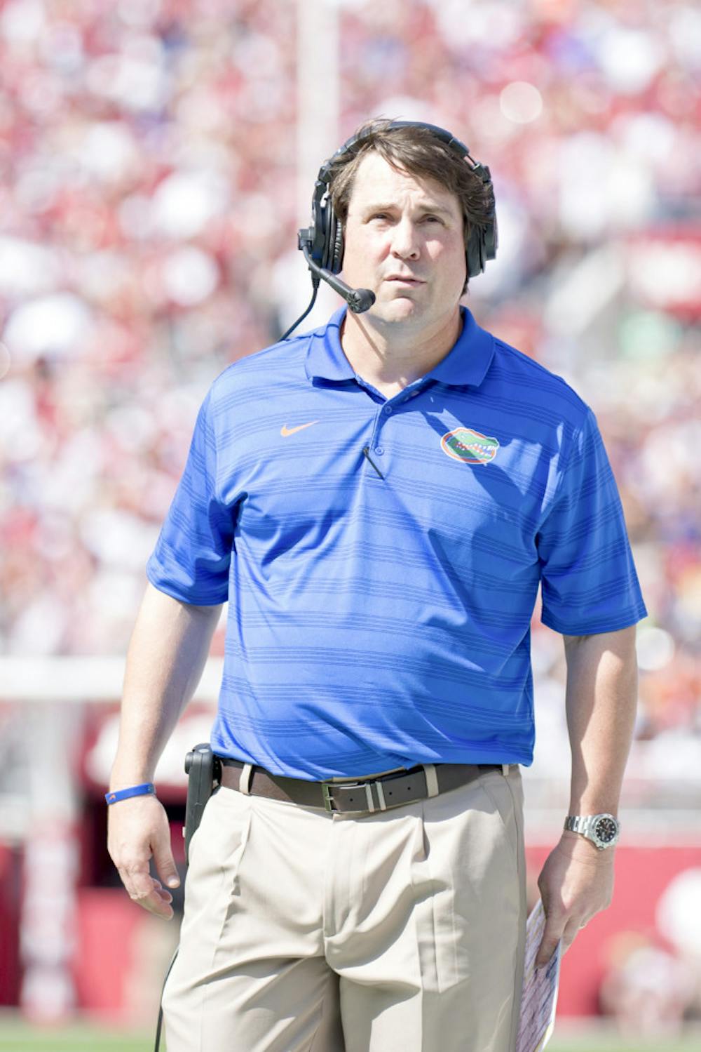 <p>Will Muschamp looks down the field during Florida's 42-21 loss to Alabama on Sept. 20 at Bryant-Denny Stadium.</p>