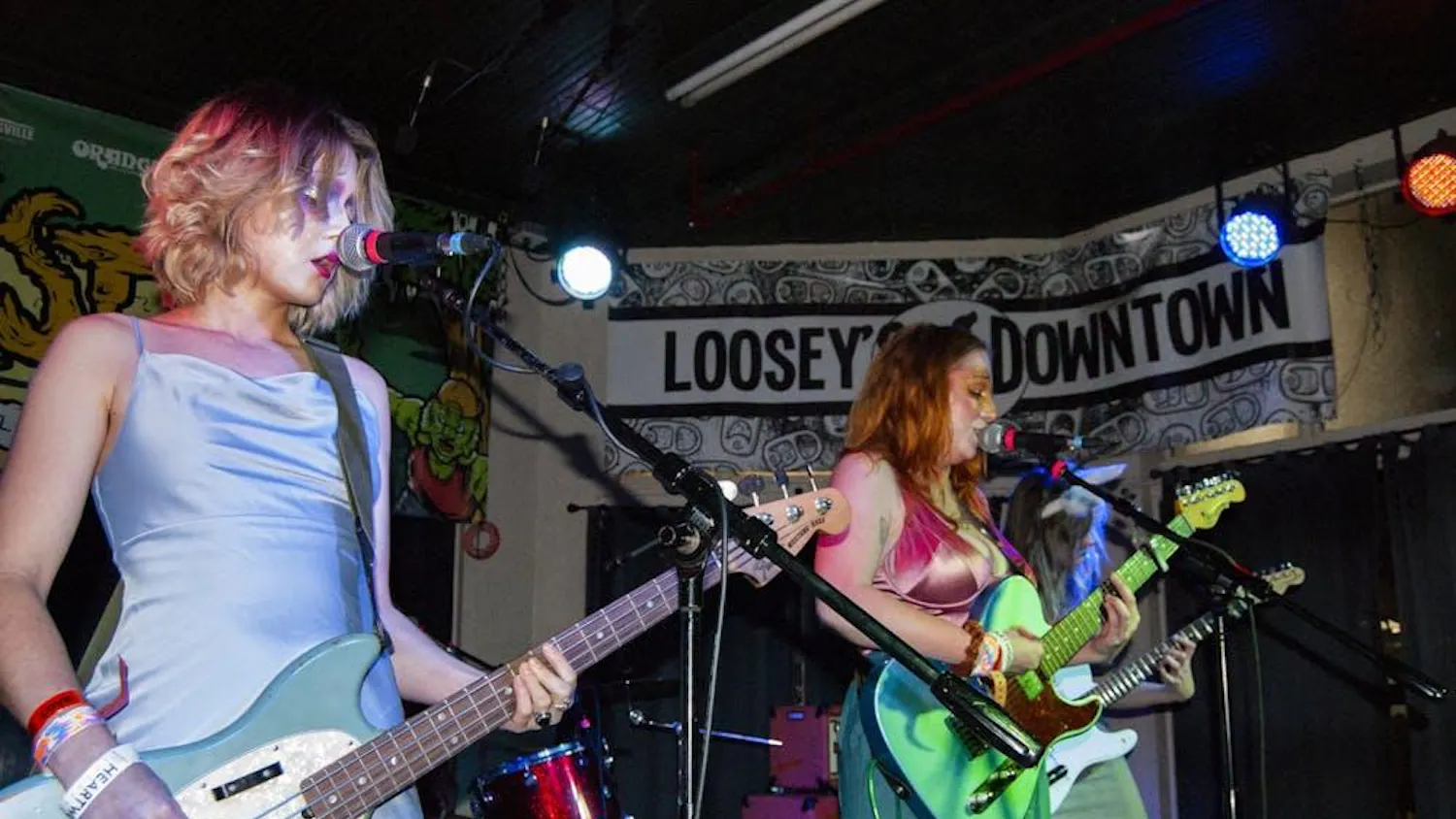 Gully Boys Bassist Natalie Klemond (left) and Lead Vocalist Kathy Callahan (right) play their first FEST show at Loosey's on Saturday, Oct. 30, 2021.