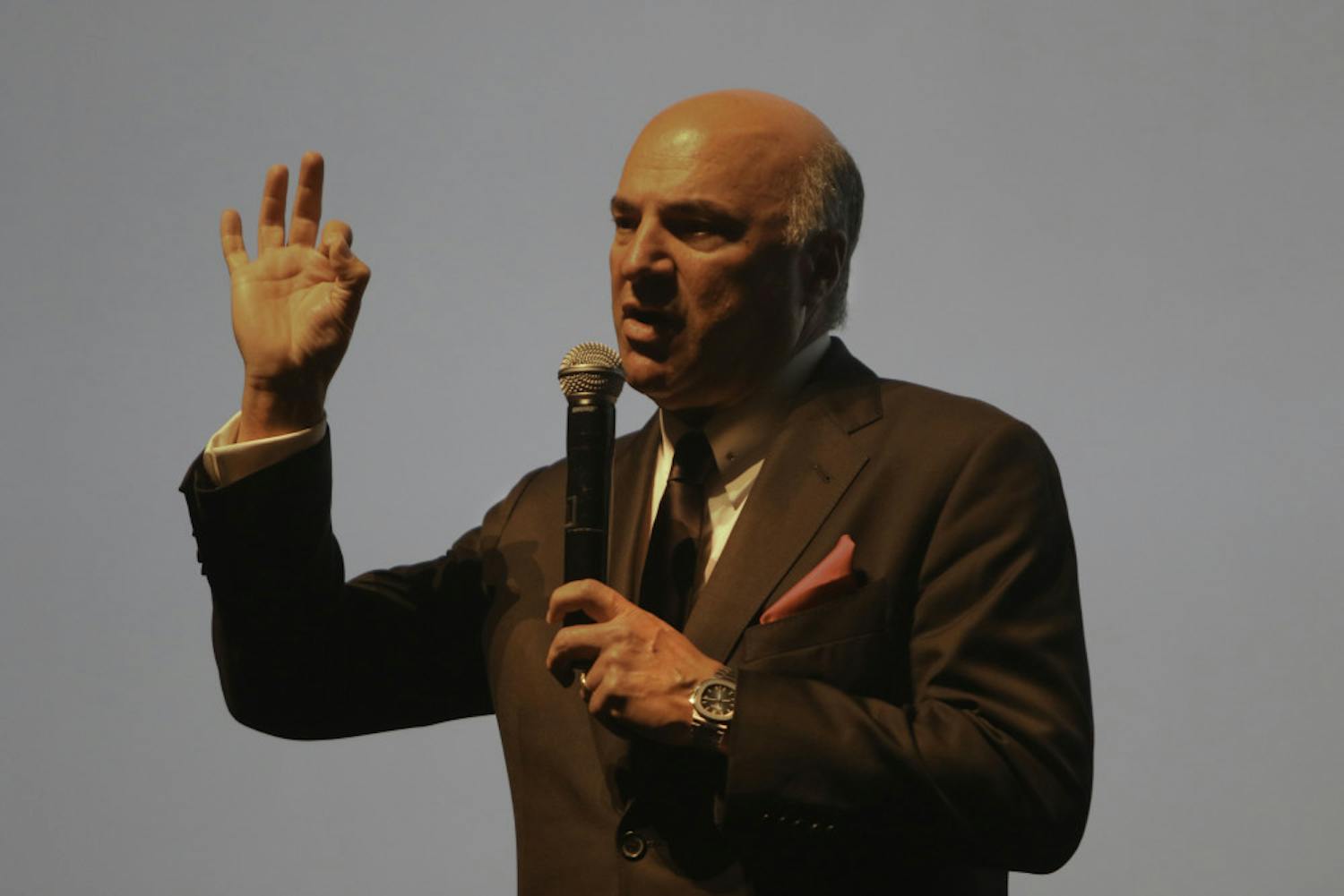 Kevin O’Leary, the 64-year-old businessman and star of the television show “Shark Tank,” speaks Monday to a packed auditorium at the Phillips Center for the Performing Arts at UF. O’Leary used clips from the television show during the presentation and took questions from the audience at the end.