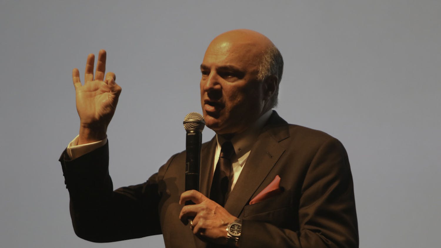 Kevin O’Leary, the 64-year-old businessman and star of the television show “Shark Tank,” speaks Monday to a packed auditorium at the Phillips Center for the Performing Arts at UF. O’Leary used clips from the television show during the presentation and took questions from the audience at the end.