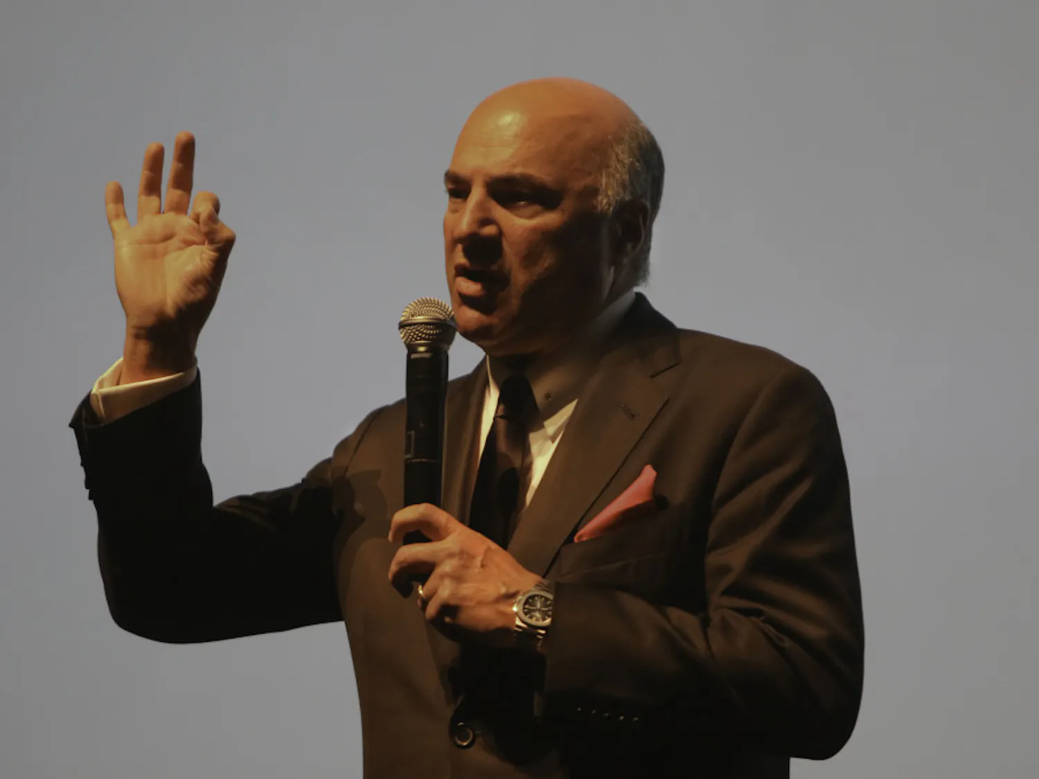Kevin O’Leary, the 64-year-old businessman and star of the television show “Shark Tank,” speaks Monday to a packed auditorium at the Phillips Center for the Performing Arts at UF. O’Leary used clips from the television show during the presentation and took questions from the audience at the end.