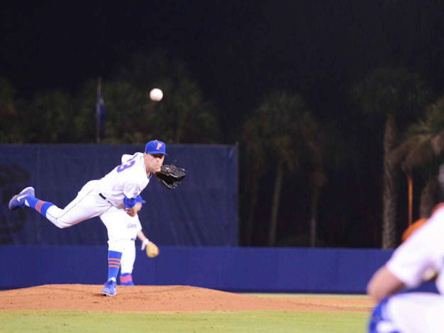Right-handed starting pitcher Jonathon Crawford (23) throws a pitch during Florida’s 4-3 loss to Duke on Friday at McKethan Stadium. Crawford threw a career-high 103 pitches during six innings of work in Florida's 3-2 loss to Miami on Friday.
