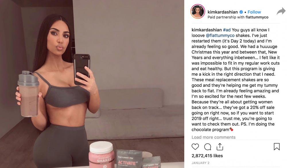 Kim Kardashian promoting Flat Tummy Tea on her Instagram.