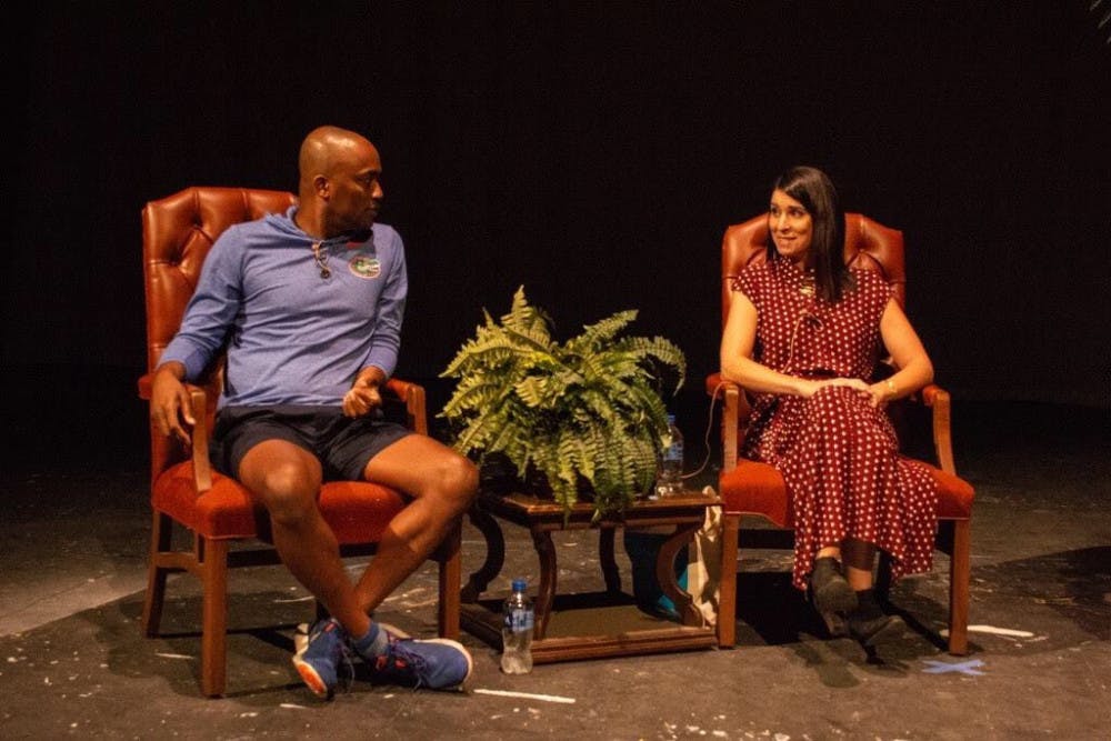 Television stars DaJuan Johnson, left, and Beth Dover, right, visited UF to discuss their rise to fame and give advice to those entering the business.