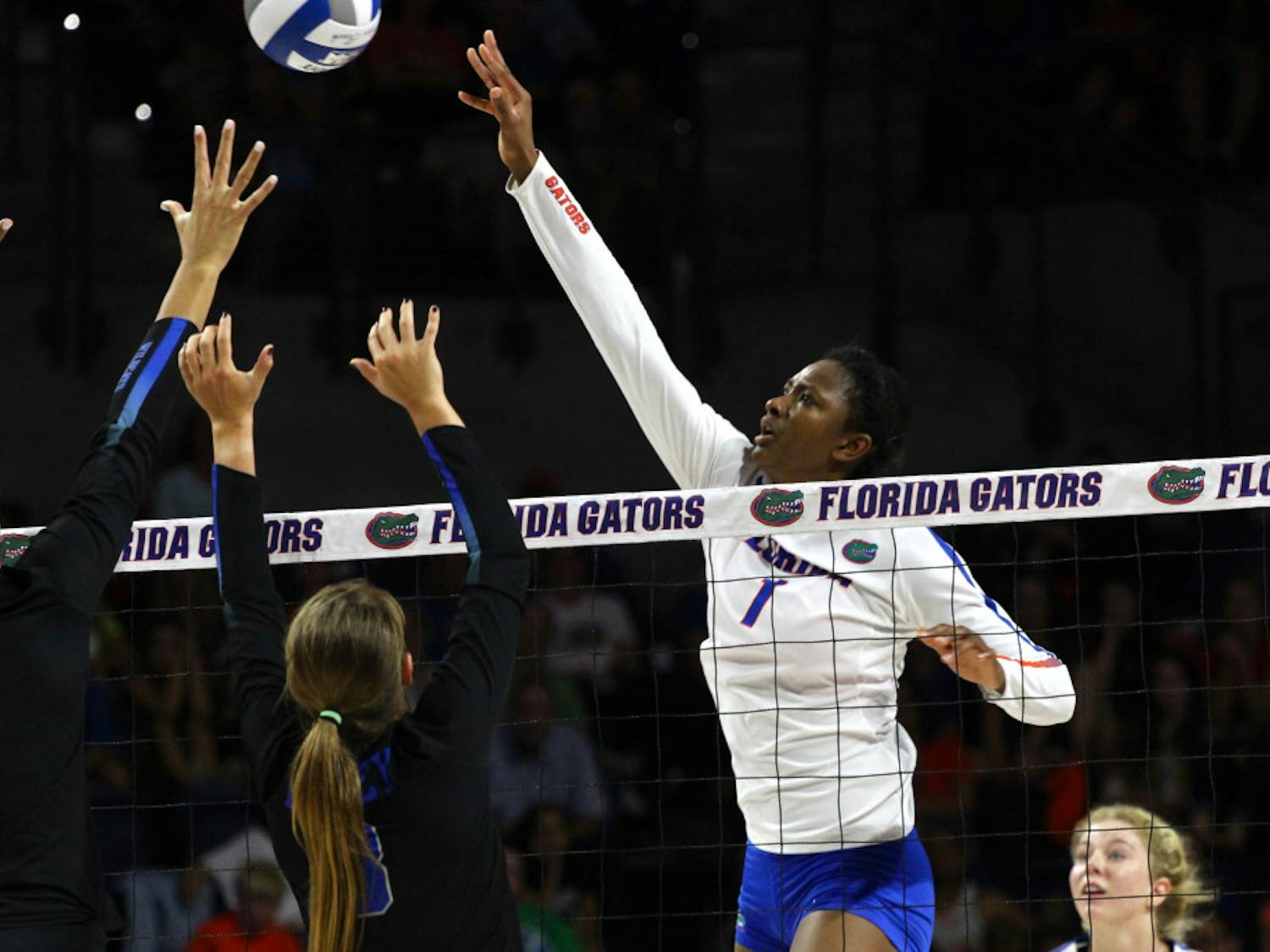 Rhamat Alhassan finished Sunday's match against Tennessee with a total of six blocks, enough to set the Florida record for career blocks.