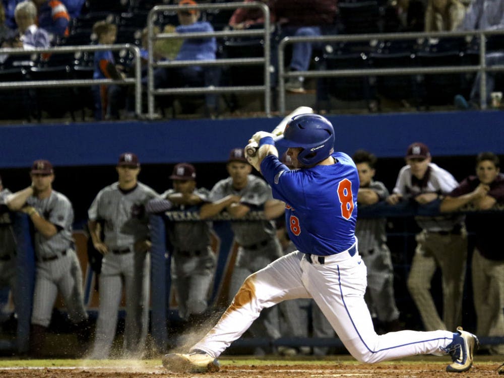 Deacon Liput swings during&nbsp;Florida's 10-4 loss to Mississippi State on April 9, 2016, at McKethan Stadium.
