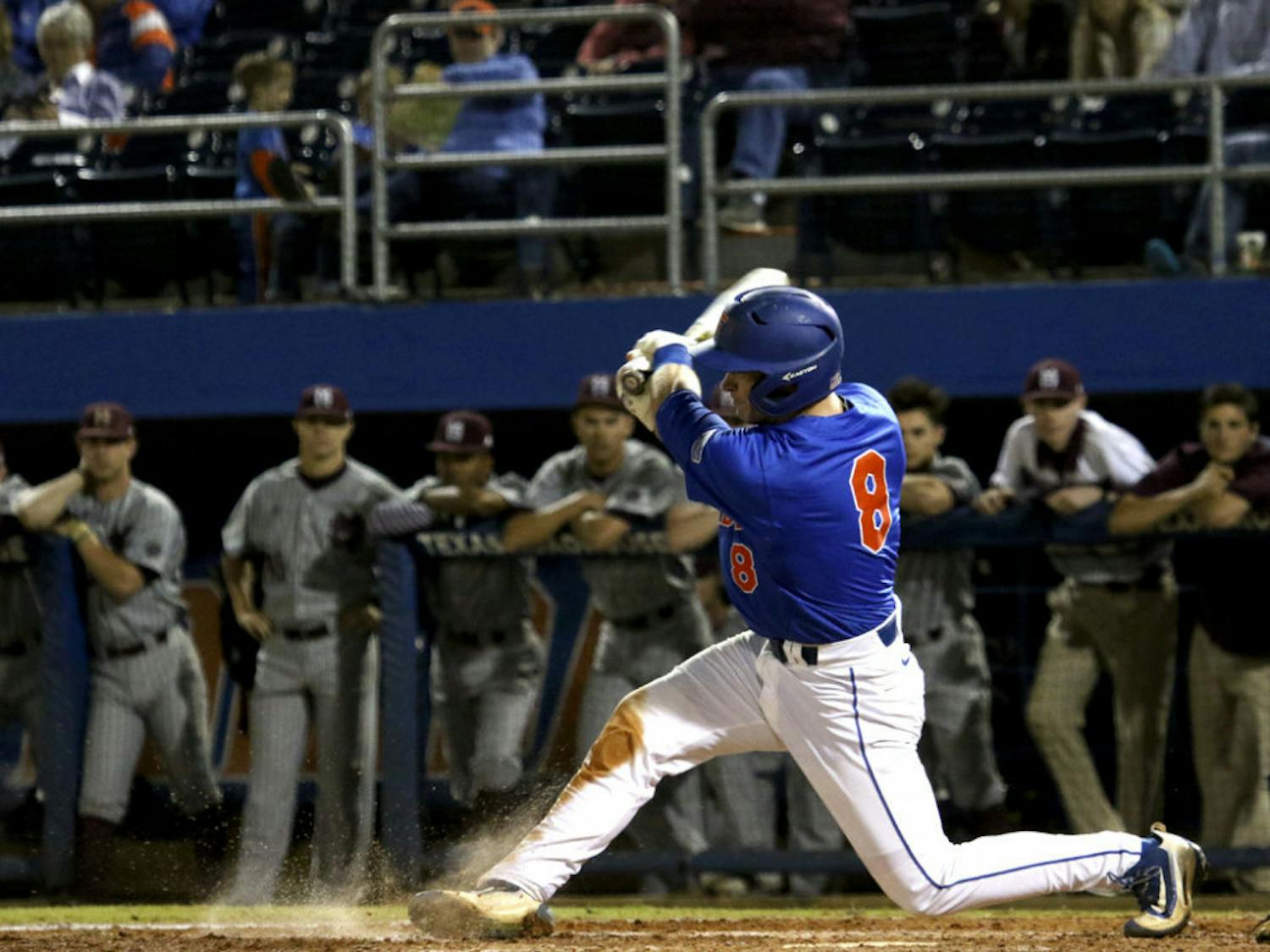 Deacon Liput swings during Florida's 10-4 loss to Mississippi State on April 9, 2016, at McKethan Stadium.