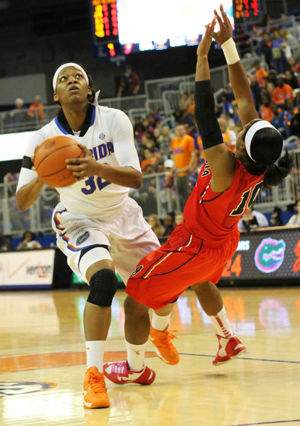 <p>Jennifer George (32) shoots during Florida’s 62-57 loss to Georgia on Sunday in the O’Connell Center. George notched her ninth double-double of the season in Florida's 69-58 win against Arkansas on Thursday.</p>