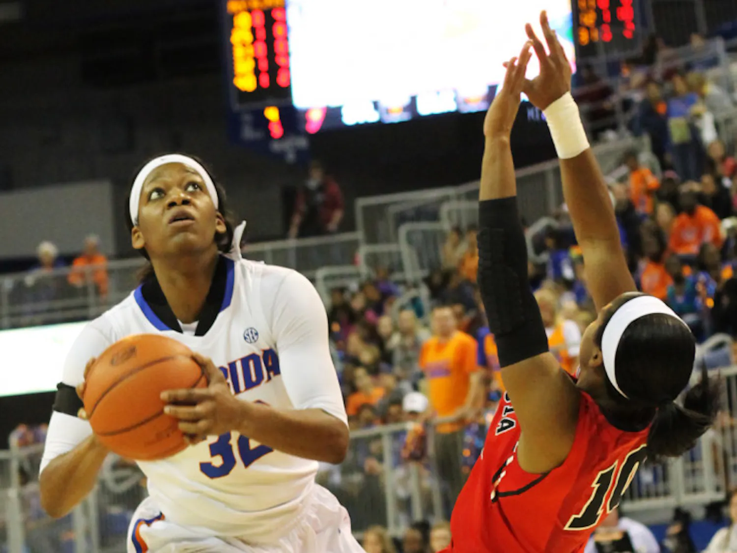 Jennifer George (32) shoots during Florida’s 62-57 loss to Georgia on Sunday in the O’Connell Center. George notched her ninth double-double of the season in Florida's 69-58 win against Arkansas on Thursday.