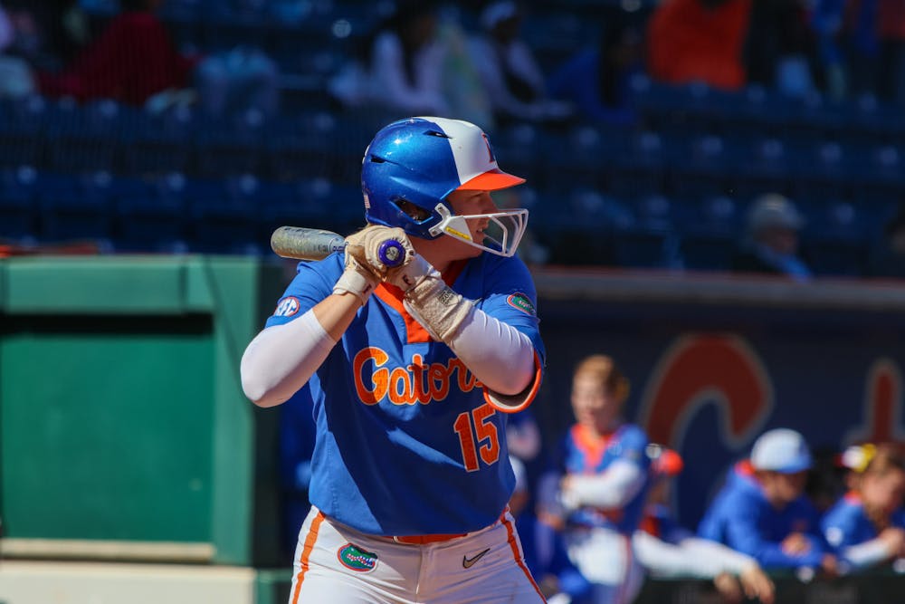 Florida infielder Reagan Walsh prepares to swing her bat during the Gators’ 4-3 win over the Connecticut Huskies Saturday, Feb. 18, 2023.
