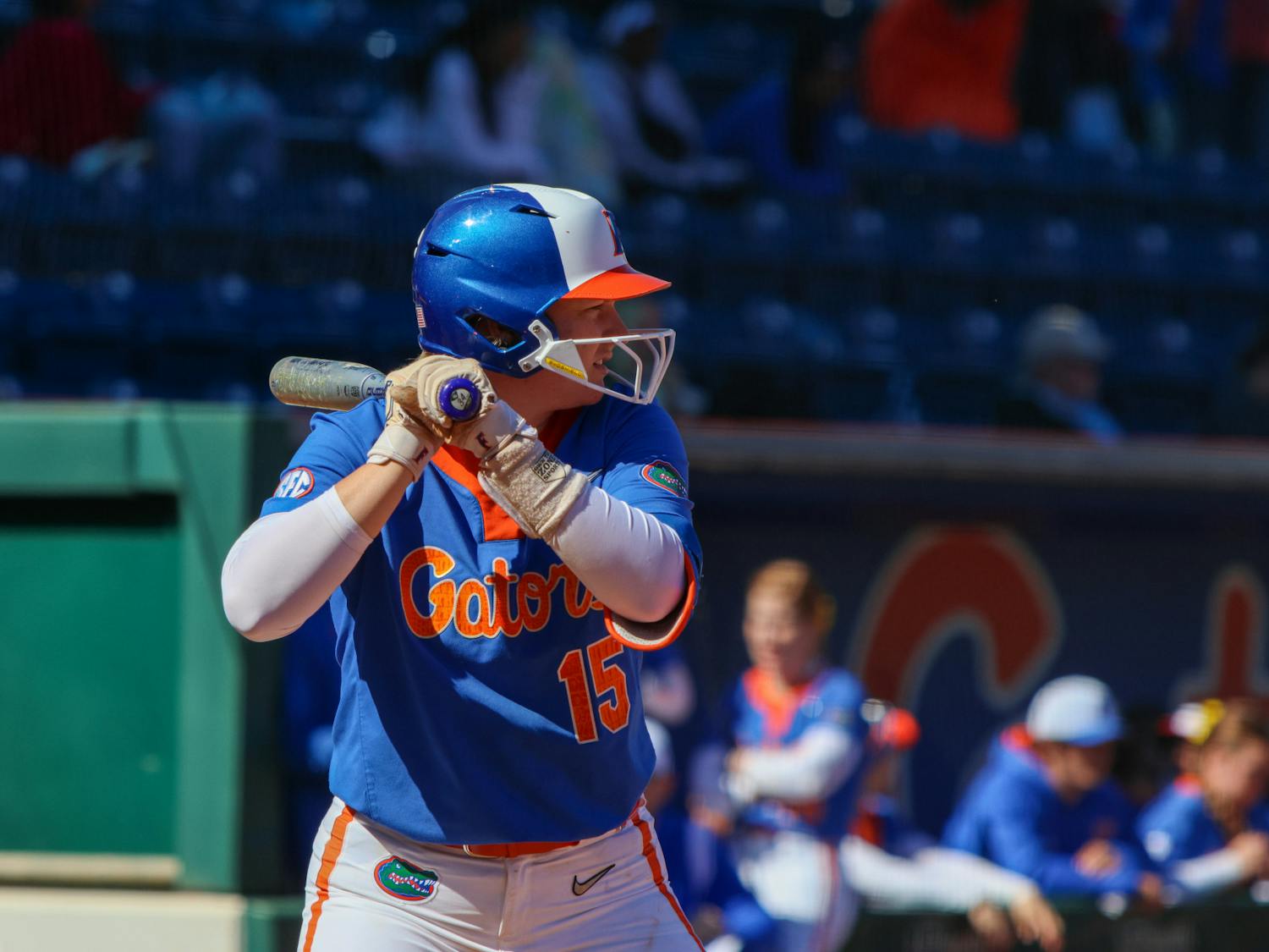 Florida infielder Reagan Walsh prepares to swing her bat during the Gators’ 4-3 win over the Connecticut Huskies Saturday, Feb. 18, 2023.