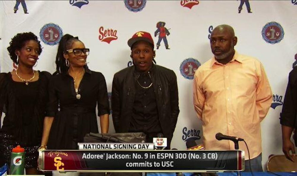 <p>Five-star athlete Adoree' Jackson commits to USC over Florida and UCLA during a ceremony at his high school, Junipero Serra High, on Wednesday afternoon.</p>
