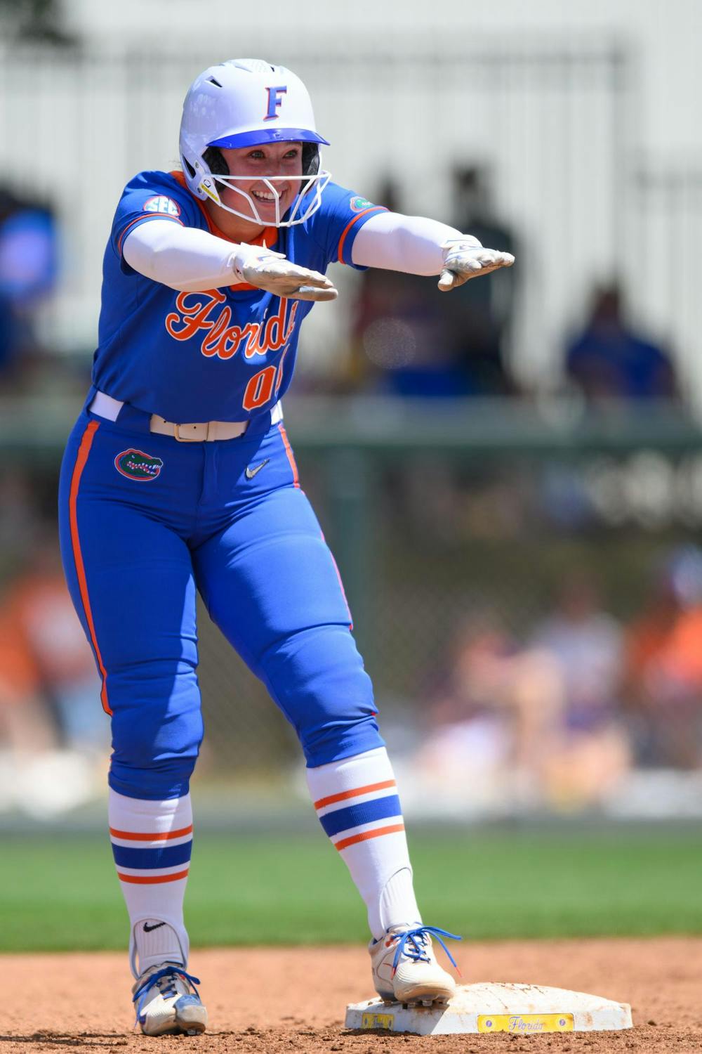 Florida right-handed pitcher Ava Brown (00) celebrates on second base during an NCAA softball game against Mississippi State, Saturday, April 4, 2026, in Gainesville, Fla.