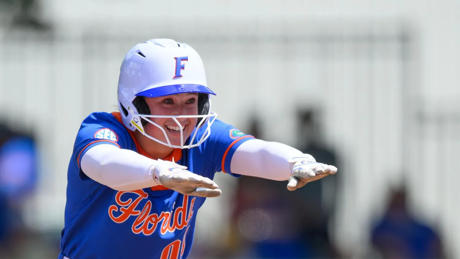 Florida right-handed pitcher Ava Brown (00) celebrates on second base during an NCAA softball game against Mississippi State, Saturday, April 4, 2026, in Gainesville, Fla.