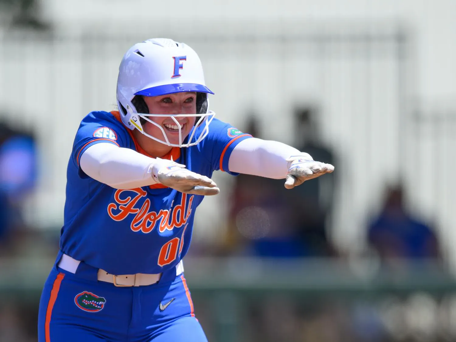 Florida right-handed pitcher Ava Brown (00) celebrates on second base during an NCAA softball game against Mississippi State, Saturday, April 4, 2026, in Gainesville, Fla.