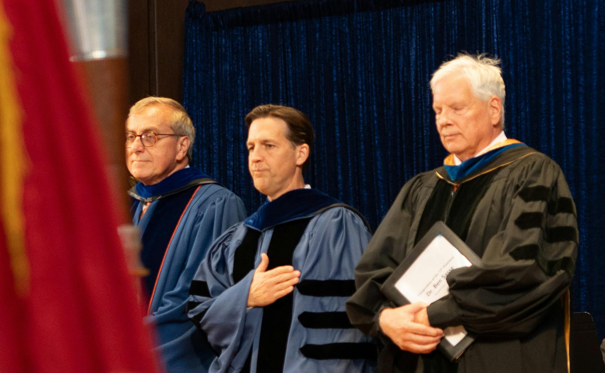 Ben Sasse stands at the inauguration ceremony in the University Auditorium on Thursday, Nov. 2, 2023. 