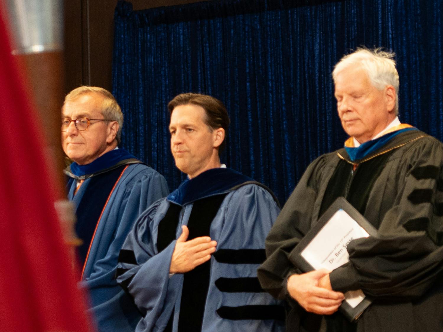 Ben Sasse stands at the inauguration ceremony in the University Auditorium on Thursday, Nov. 2, 2023. 