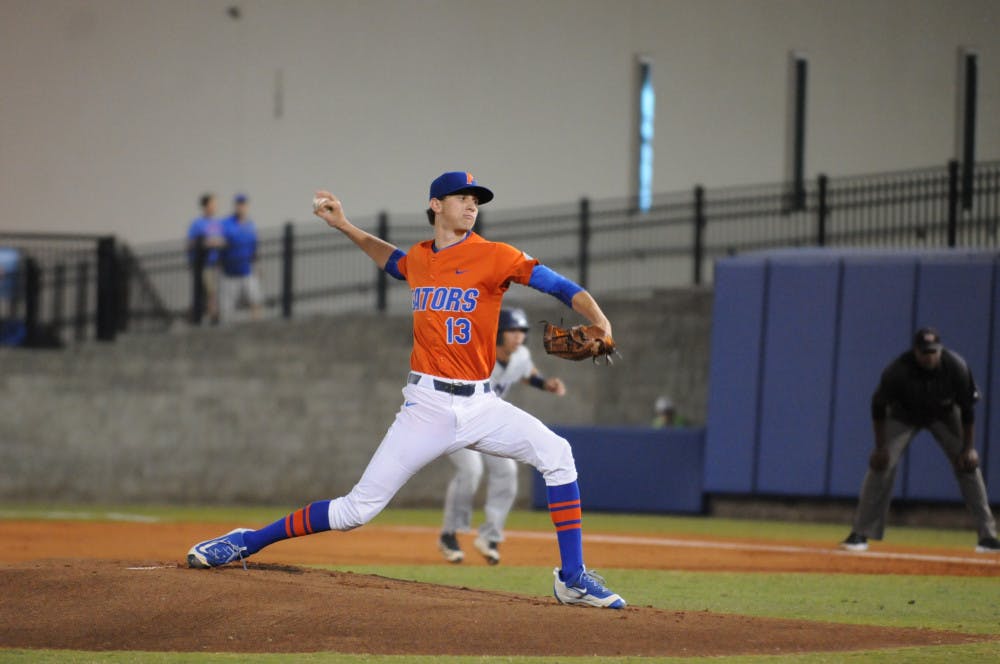 Jackson Kowar pitches during Florida's 5-4 win over North Florida on March 9, 2016, at McKethan Stadium.