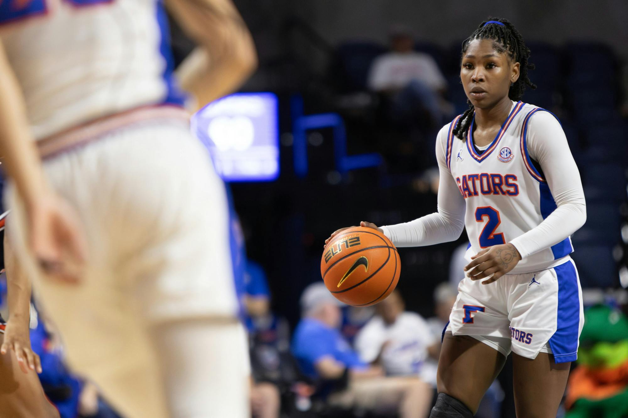 Senior guard Aliyah Matharu dribbles the ball on the Gators’ home court in Florida’s 77-74 loss against the Auburn Tigers, March 3, 2024.