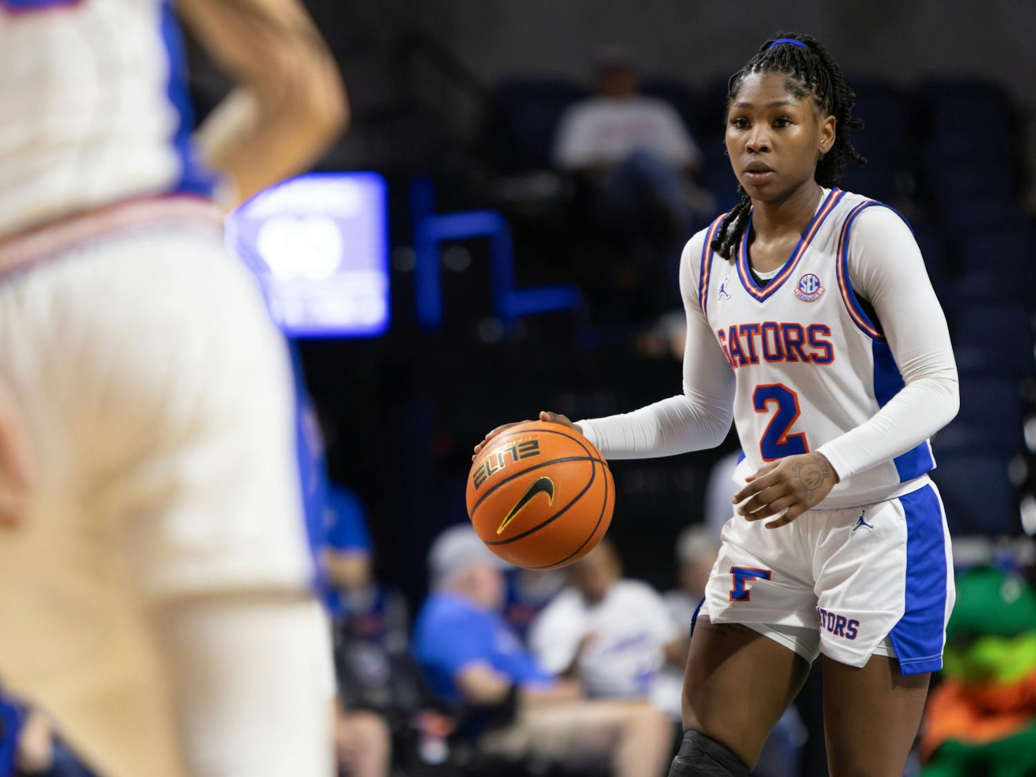 Senior guard Aliyah Matharu dribbles the ball on the Gators’ home court in Florida’s 77-74 loss against the Auburn Tigers, March 3, 2024.