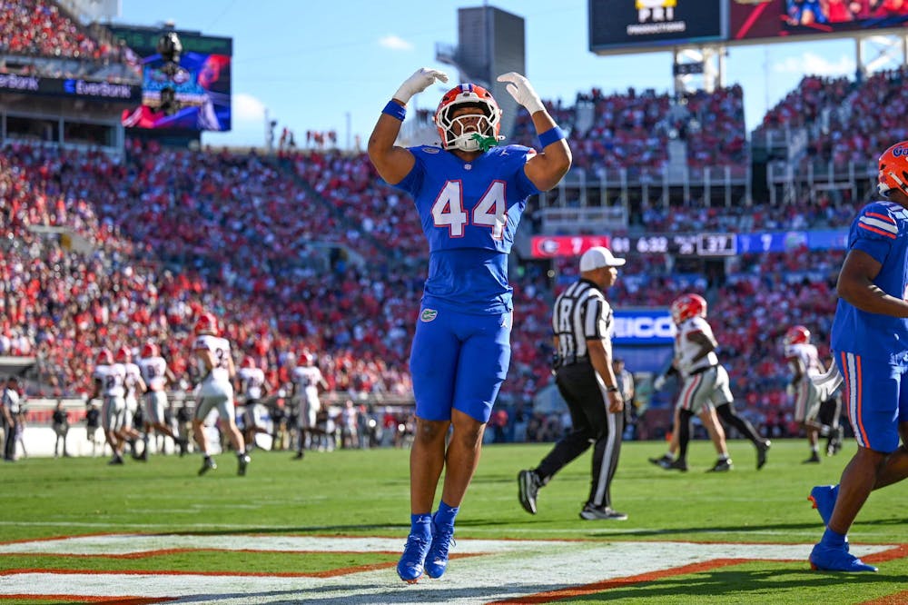 Florida inside linebacker Myles Johnson (44) after a kickoff during a NCAA college football game, Saturday, Nov. 1, 2025, in Jacksonville, Fla.