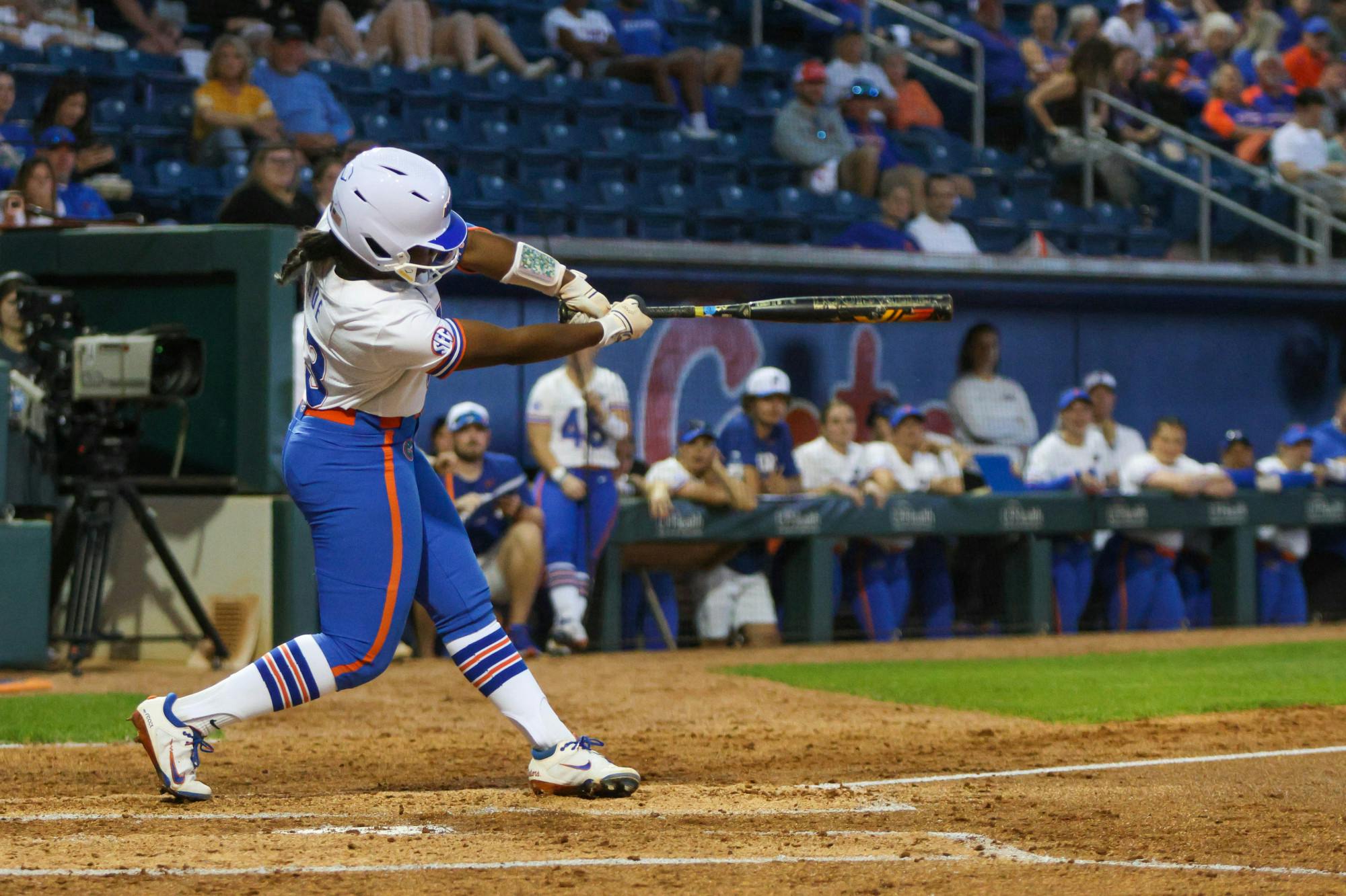 Second baseman Sam Roe hits the ball in an 11-0 victory against the Jacksonville Dolphins Wednesday, Feb. 15, 2023.