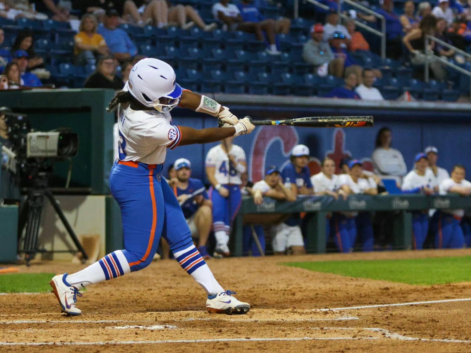 Second baseman Sam Roe hits the ball in an 11-0 victory against the Jacksonville Dolphins Wednesday, Feb. 15, 2023.