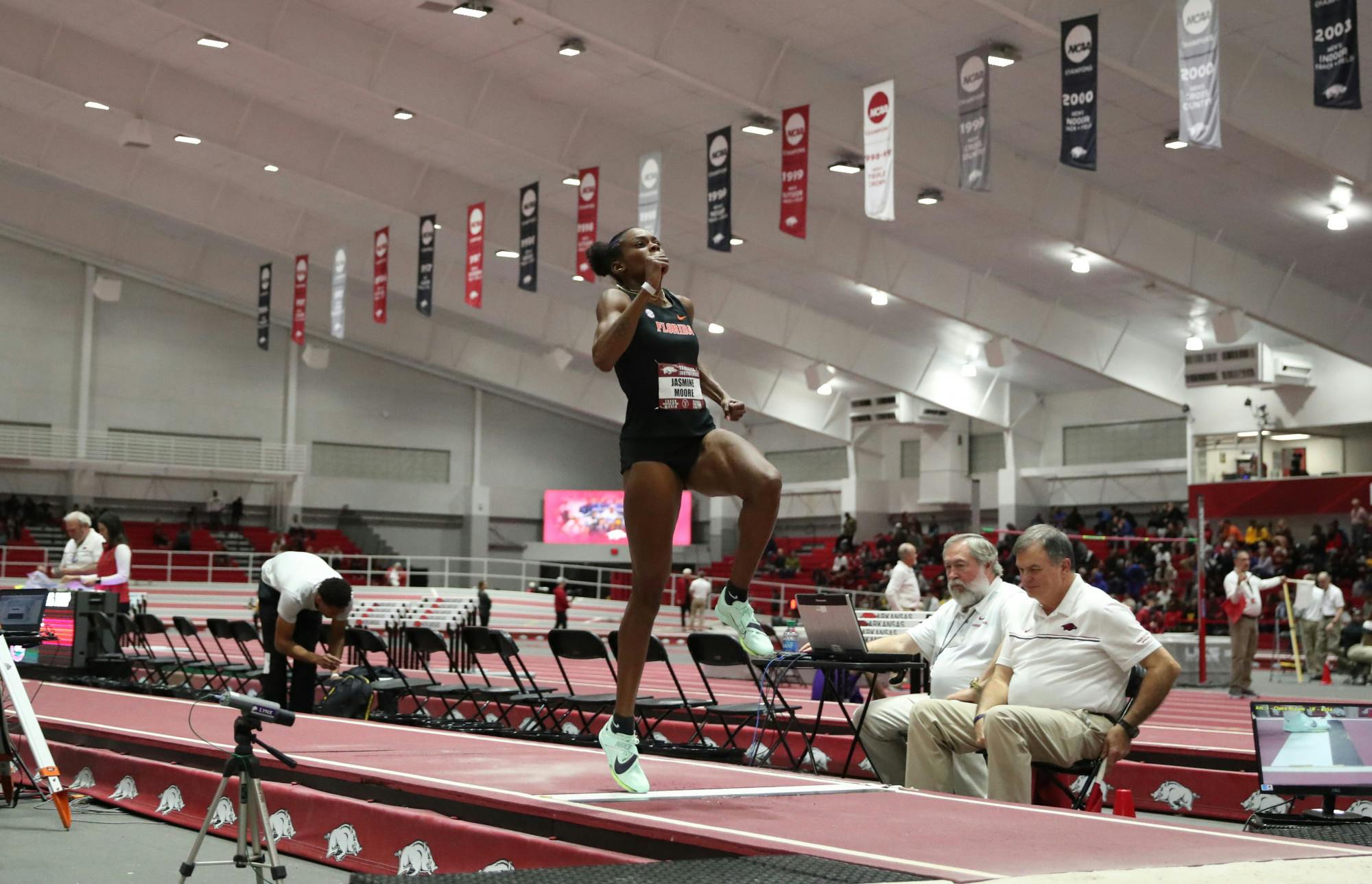 Florida senior Jasmine Moore competes in the long jump during the Razorback Invitational Friday, Jan. 27, 2023 at Randal Tyson Track Center in Fayetteville, Arkansas / Photo by Anna Carrington