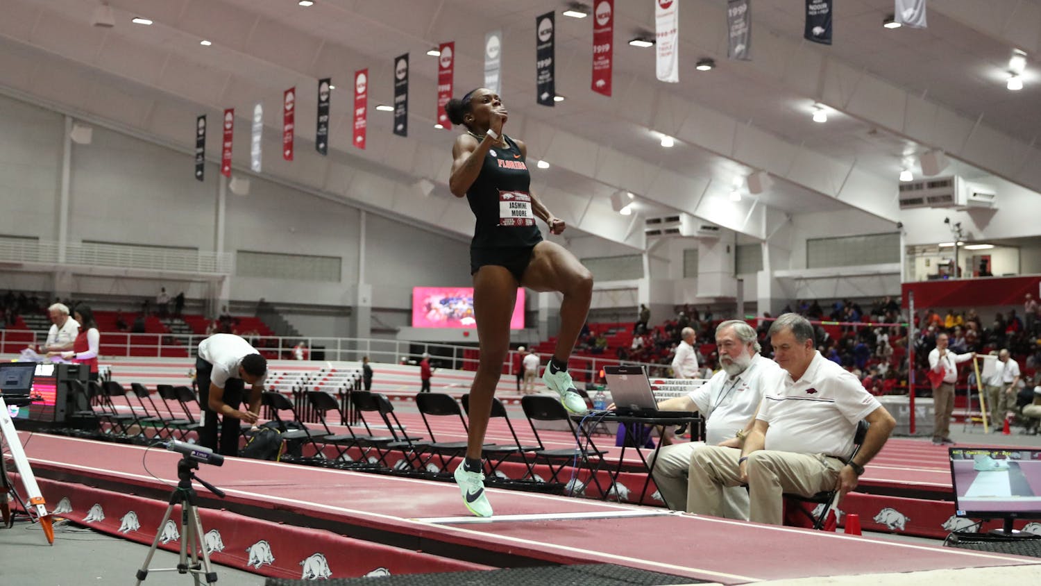Florida senior Jasmine Moore competes in the long jump during the Razorback Invitational Friday, Jan. 27, 2023 at Randal Tyson Track Center in Fayetteville, Arkansas / Photo by Anna Carrington