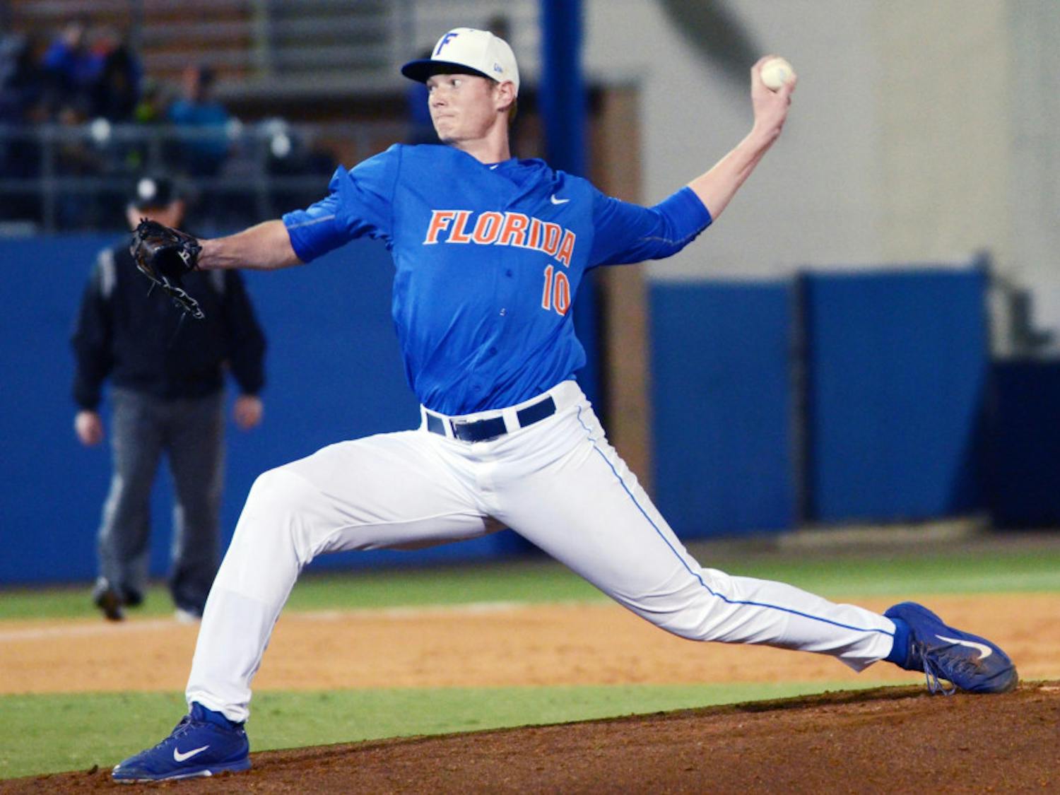 A.J. Puk pitches during Florida's 7-2 loss to Miami on Feb. 21 at McKethan Stadium.