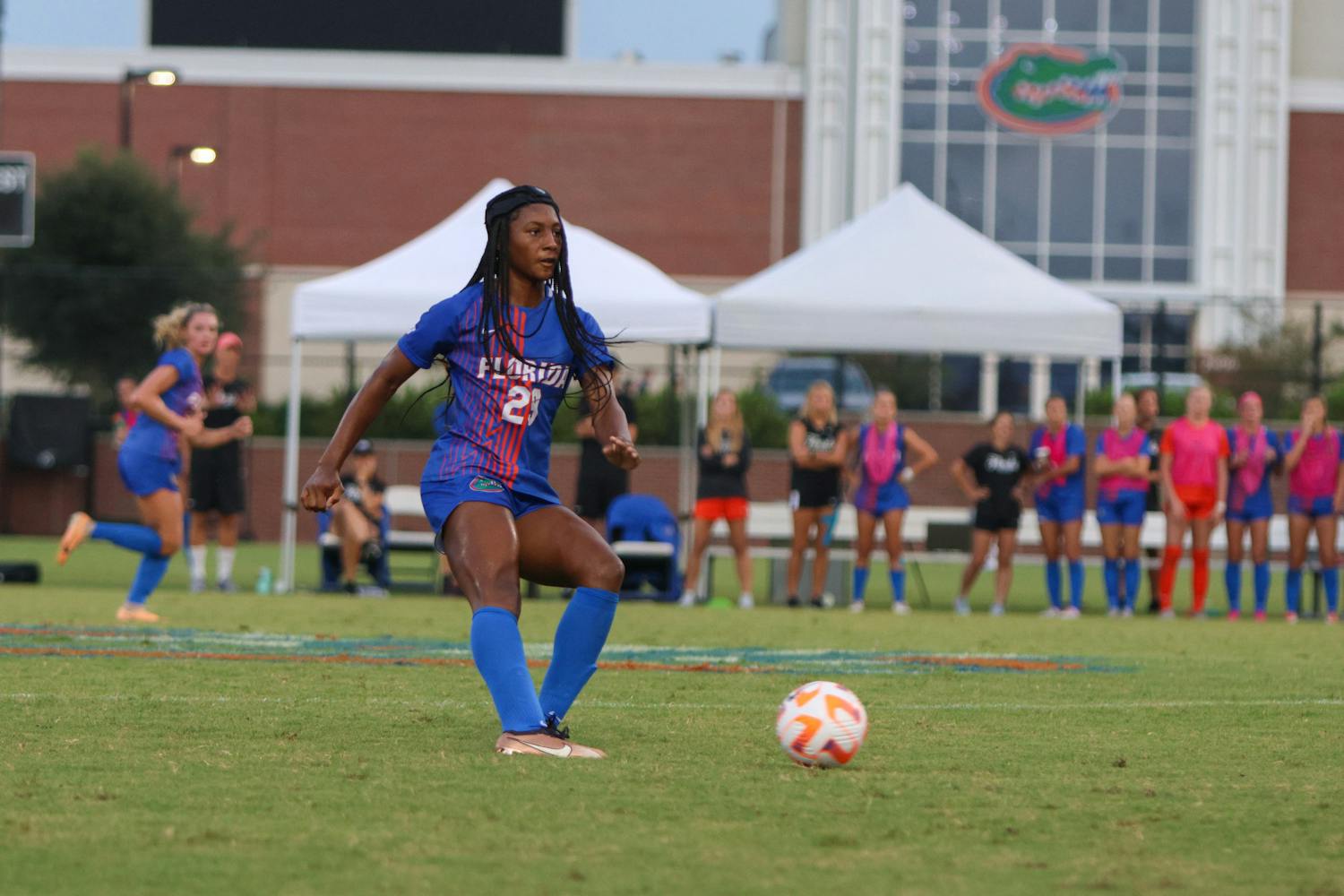 Freshman forward Lena Bailey passes the ball in the Gators' 1-0 victory against the Maryland Terrapins Sunday, Aug. 20, 2023. 