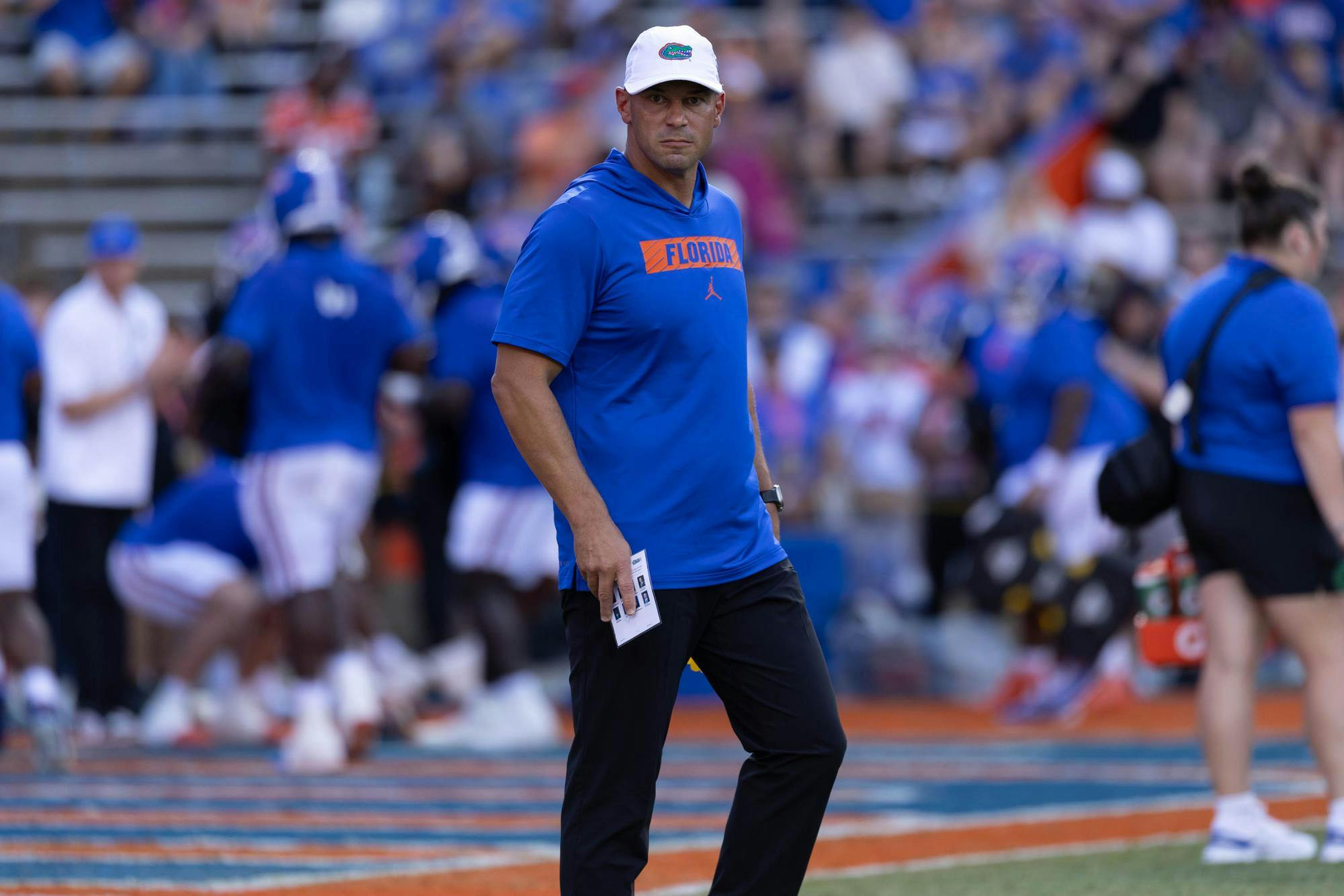 Florida head coach Jon Sumrall watches his team in the first half of an NCAA college football game against Campbell, Saturday, Sept. 12, 2026, in Gainesville, Fla.
