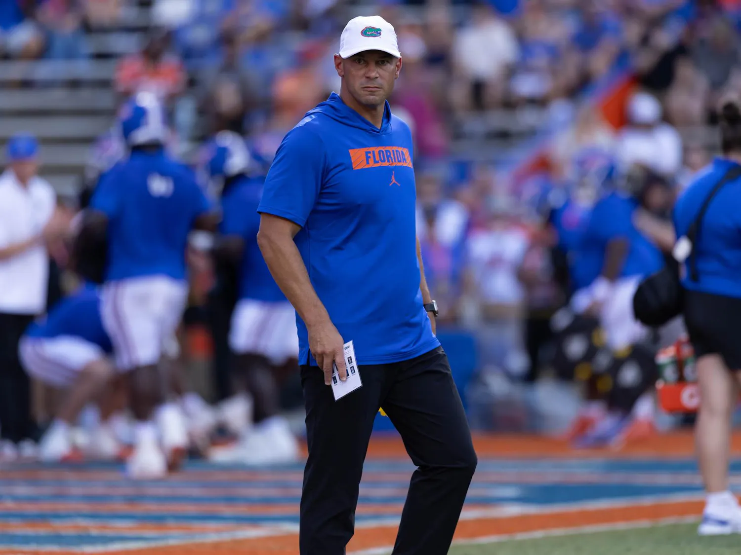 Florida head coach Jon Sumrall watches his team in the first half of an NCAA college football game against Campbell, Saturday, Sept. 12, 2026, in Gainesville, Fla.