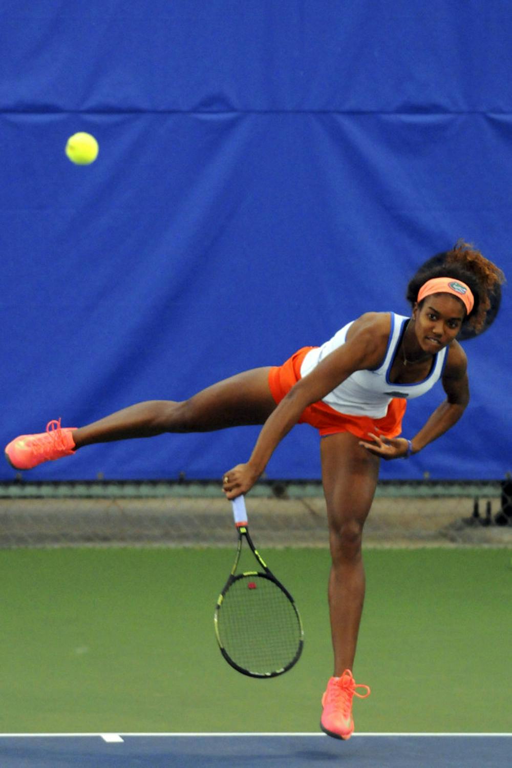 <p>UF’s Brianna Morgan serves during Florida’s win over USF on Jan. 27, 2016, at the Ring Tennis Complex.</p>
