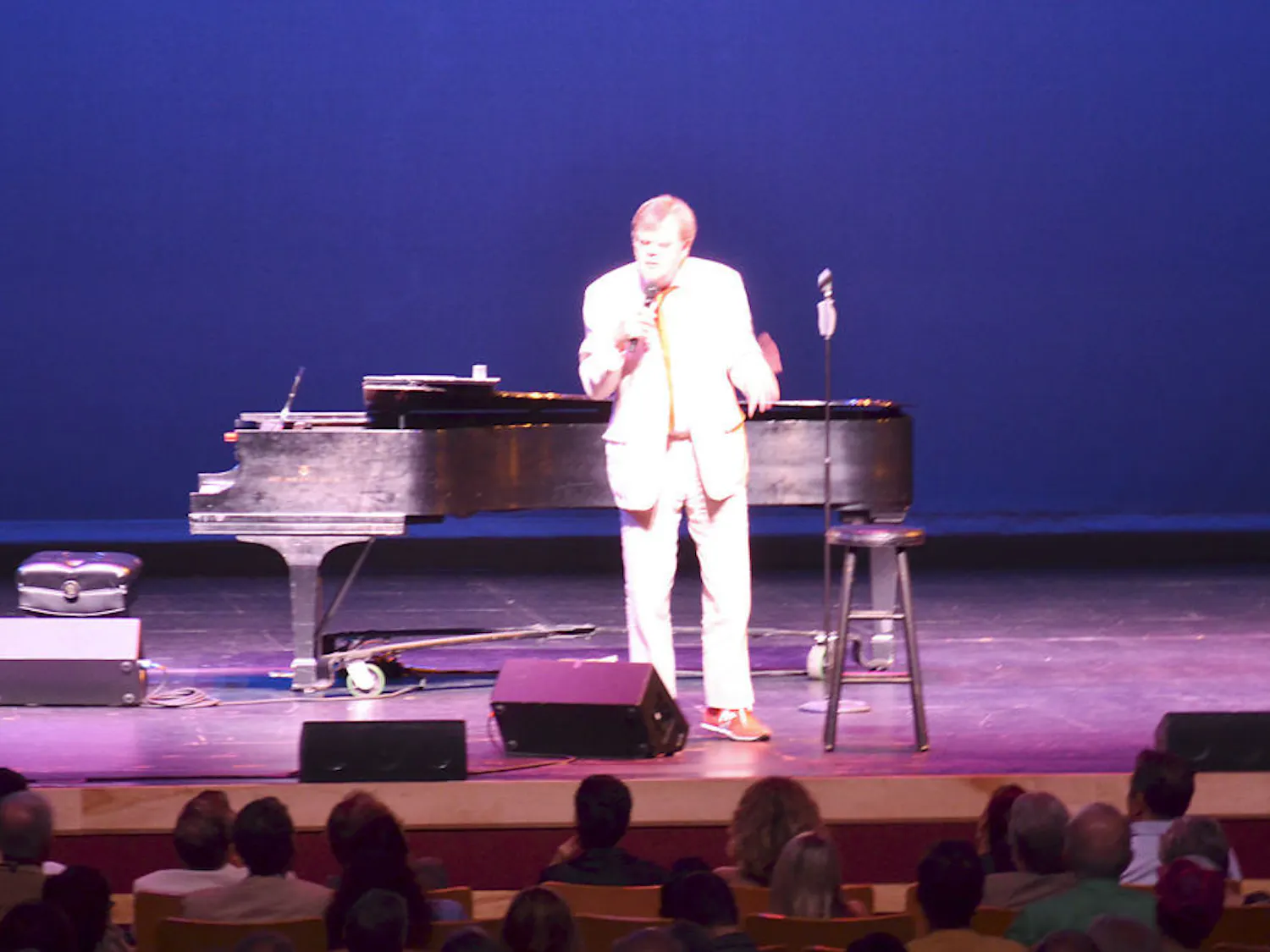 Seventy-three-year-old NPR radio host Garrison Keillor performs songs, recites poetry and cracked jokes to a crowd of over 1,000 in the Phillips Center for the Performing Arts on Monday night. “You can’t be remembered for radio, because radio is self-erasing,” he said.