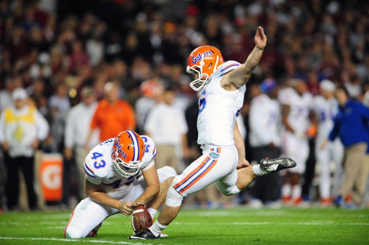 Austin Hardin attempts a field goal during Florida’s 19-14 loss to South Carolina on Nov. 16 at Williams-Brice Stadium in Columbia, S.C. Hardin is the frontrunner for the starting kicking position, but he missed six of his final seven attempts in 2013.
&nbsp;