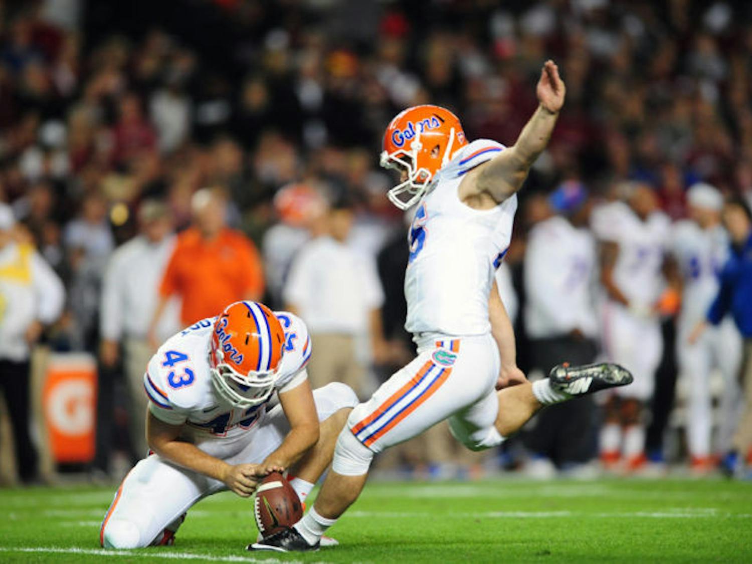 Austin Hardin attempts a field goal during Florida’s 19-14 loss to South Carolina on Nov. 16 at Williams-Brice Stadium in Columbia, S.C. Hardin is the frontrunner for the starting kicking position, but he missed six of his final seven attempts in 2013.
