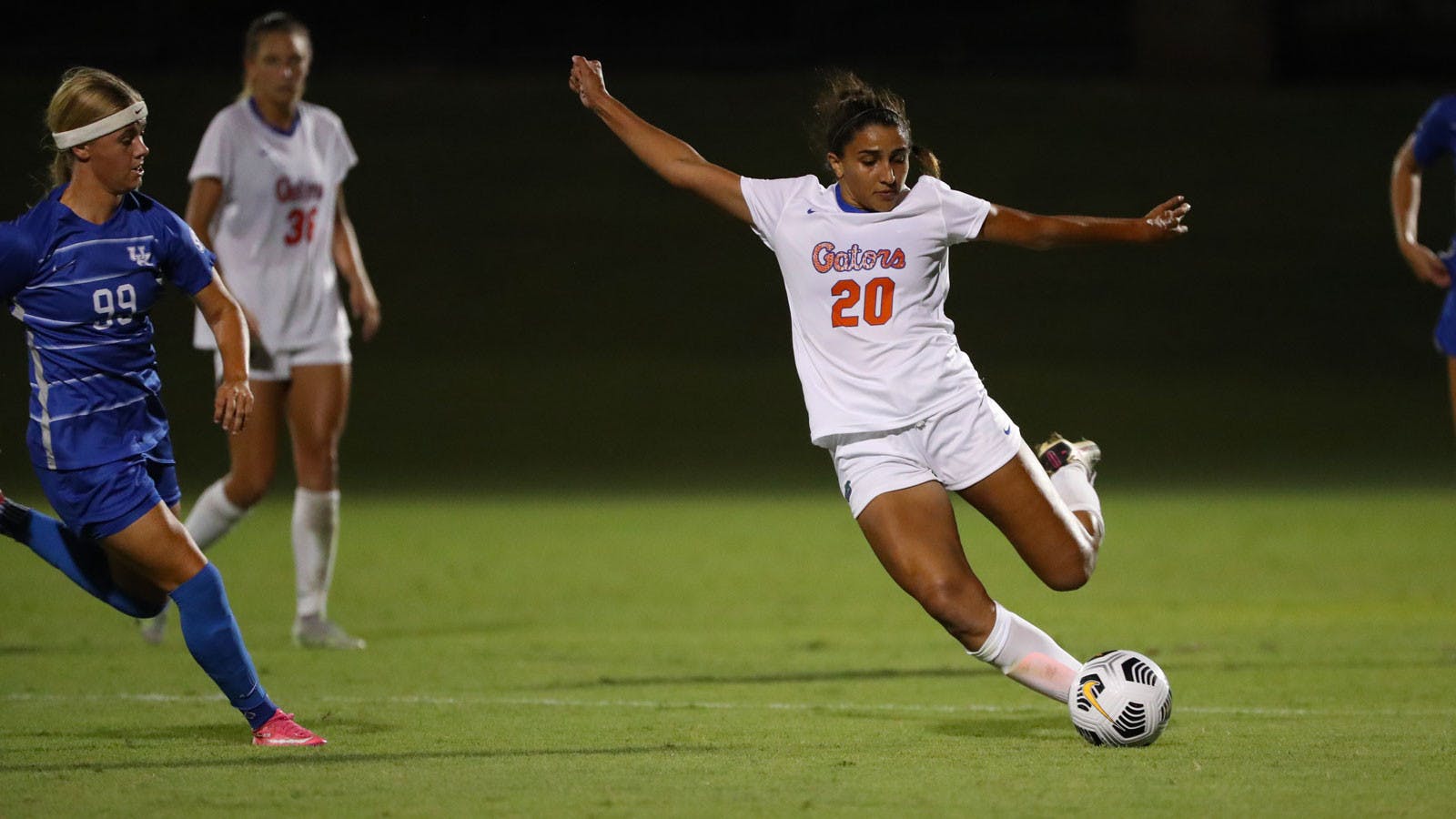 Florida junior Anna DeLeon kicks a ball during the Gators&#x27; Sept. 23 game against Kentucky. She scored the first goal of her collegiate career Sunday night against Stetson. 