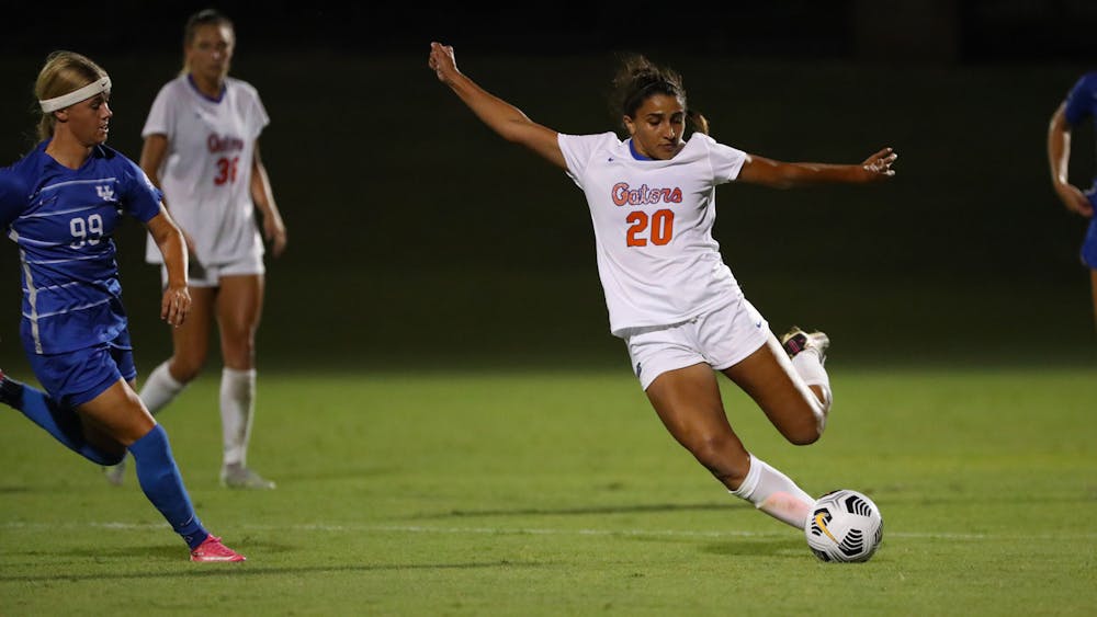 <p>Florida junior Anna DeLeon kicks a ball during the Gators&#x27; Sept. 23 game against Kentucky. She scored the first goal of her collegiate career Sunday night against Stetson. </p>