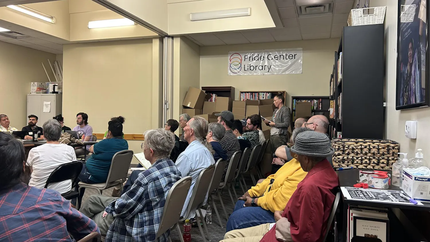 Community members attend a Pride Community Center of North Central Florida board meeting on March 20, 2026, in Gainesville, Fla.