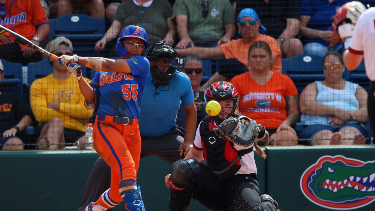 Florida graduate student utility player Pal Egan swings in the Gators' 8-7 win against the Georgia Bulldogs Saturday, April 15, 2023.